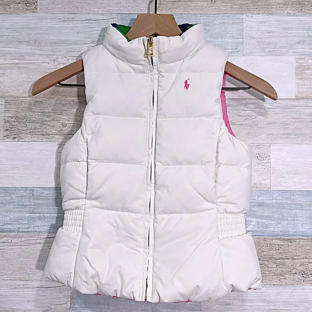 Ralph Lauren Reversible Down Puffer Vest White Pink Insulated Girls 6